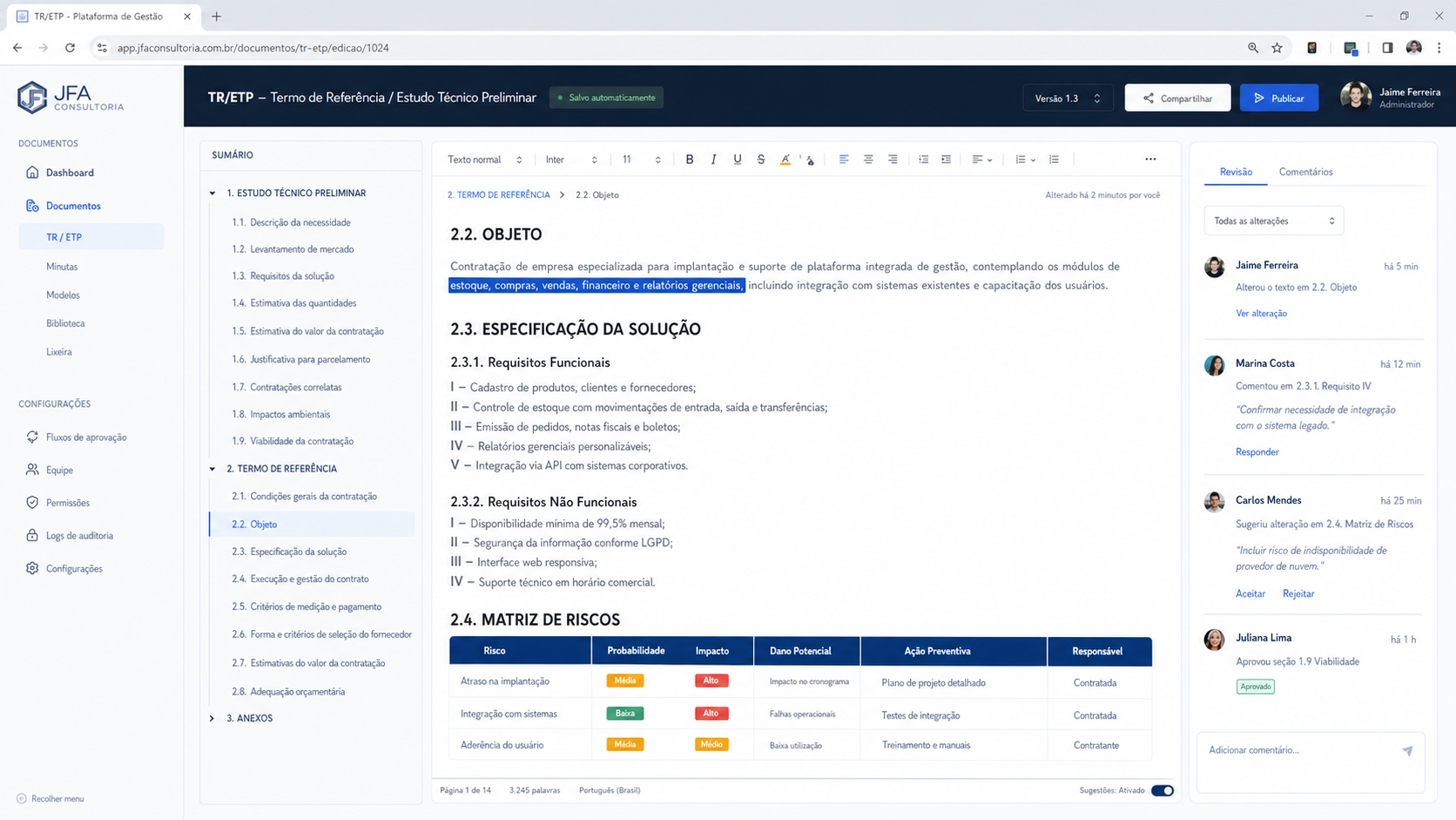 Tela real de edi&ccedil;&atilde;o de TR e ETP com sum&aacute;rio e cl&aacute;usulas em desenvolvimento