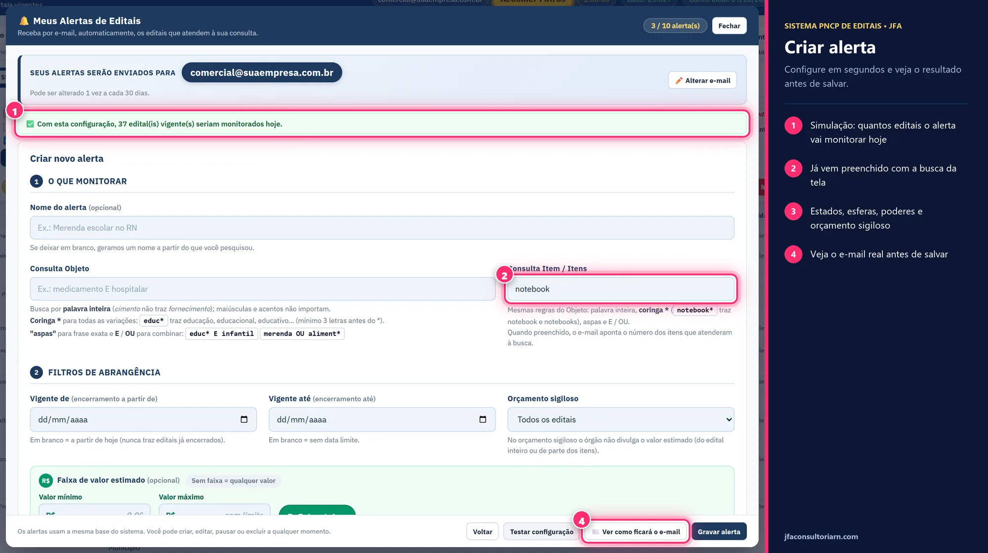 Tela de criar alerta: a busca salva, os dias e o horário do envio, com a simulação de quantos editais ele vai monitorar