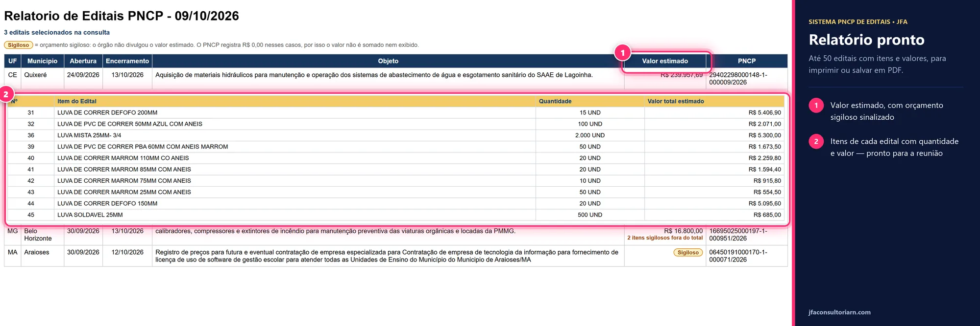 Relatório de editais com valor estimado, sinalização de orçamento sigiloso e itens com quantidade e valor